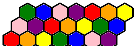 grid of hexagons using 7 colors in a periodic pattern